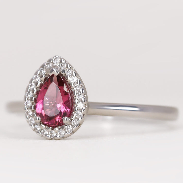 Winter - Petite Pear Pink Tourmaline and Diamond Halo Engagement Ring