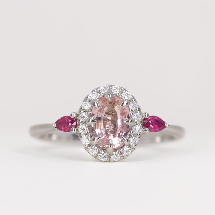 Georgina - Oval Shaped Pink Tourmaline or Sapphire, Ruby and Diamond Trilogy Halo Engagement Ring