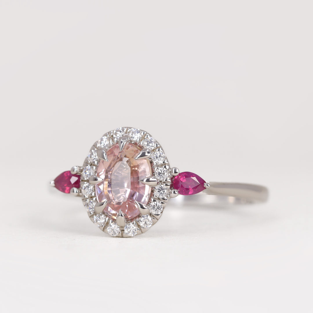 Georgina - Oval Shaped Pink Tourmaline or Sapphire, Ruby and Diamond Trilogy Halo Engagement Ring