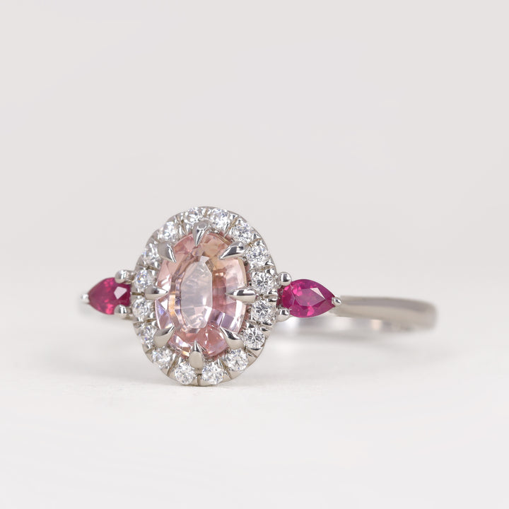 Georgina - Oval Shaped Pink Tourmaline or Sapphire, Ruby and Diamond Trilogy Halo Engagement Ring