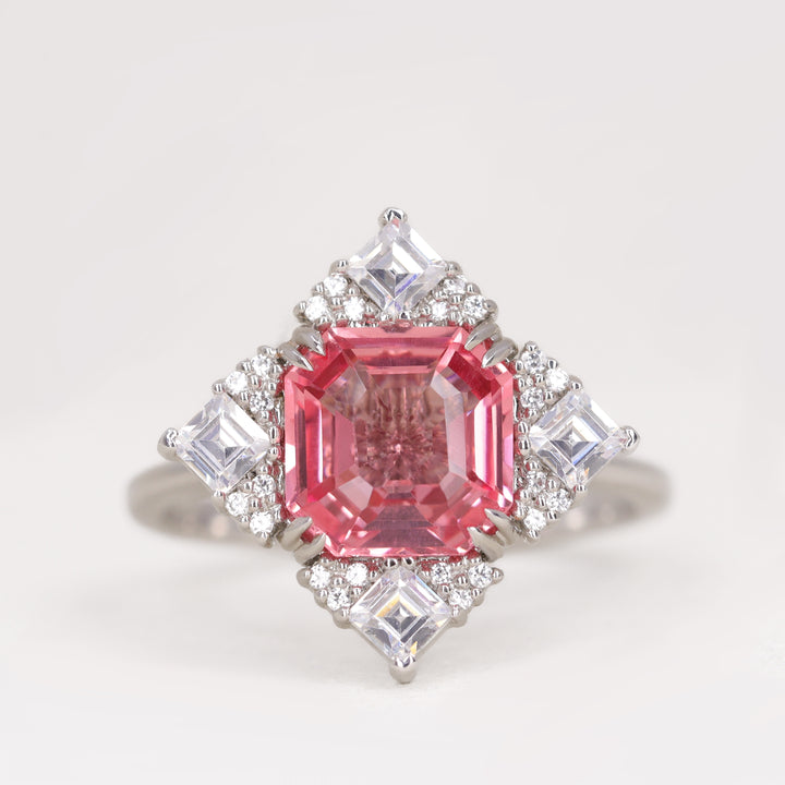 Scarlett - Emerald Cut Pink Sapphire and Diamond Halo Engagement Ring