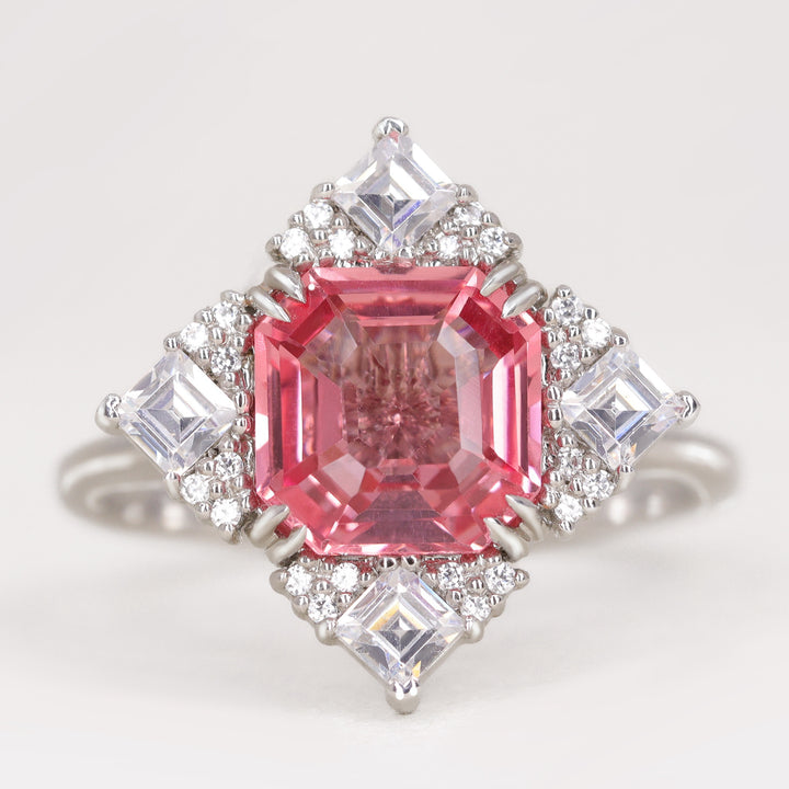 Scarlett - Emerald Cut Pink Sapphire and Diamond Halo Engagement Ring