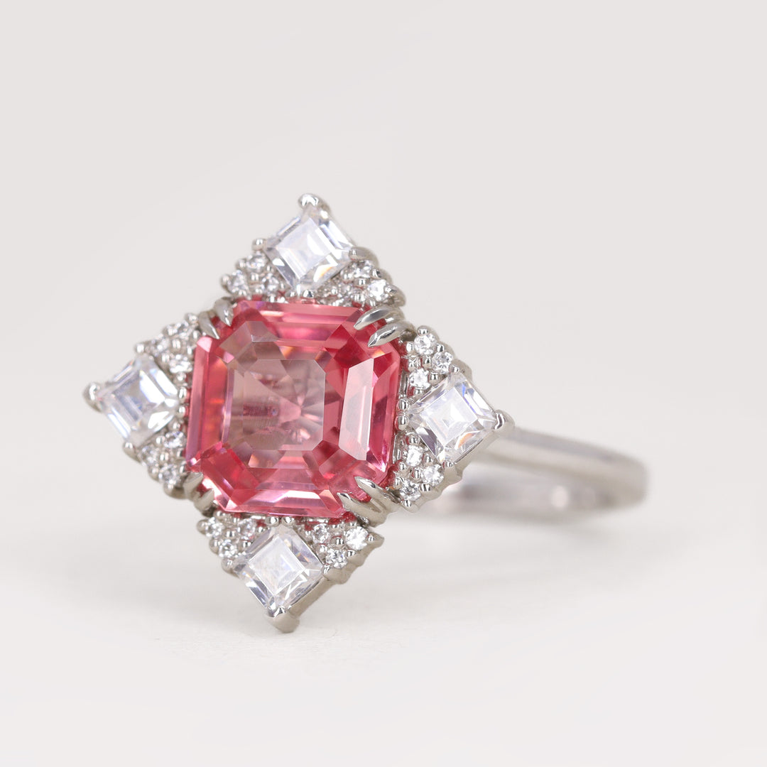 Scarlett - Emerald Cut Pink Sapphire and Diamond Halo Engagement Ring