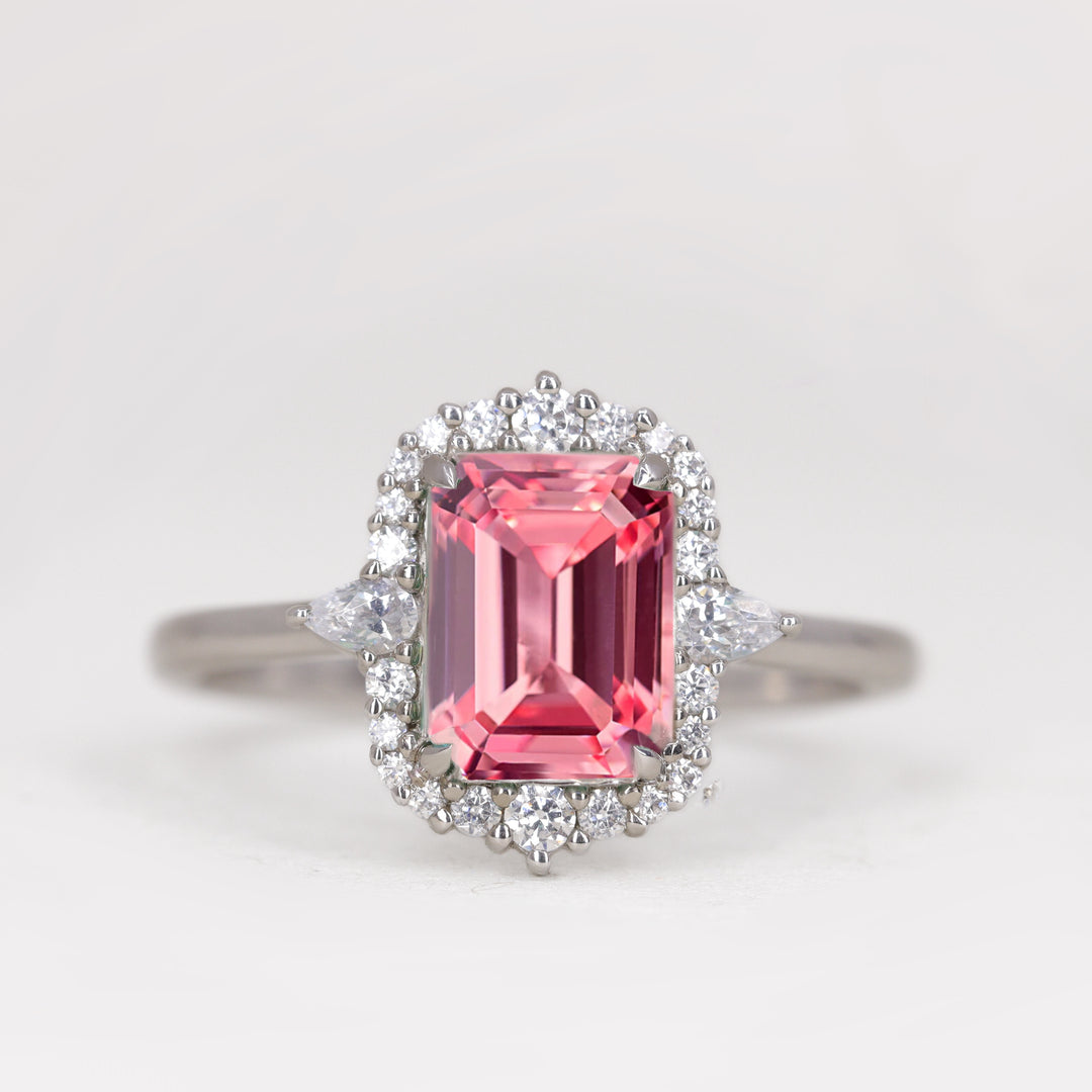 Cordelia - Emerald Cut Gemstone Graduated Halo Engagement Ring