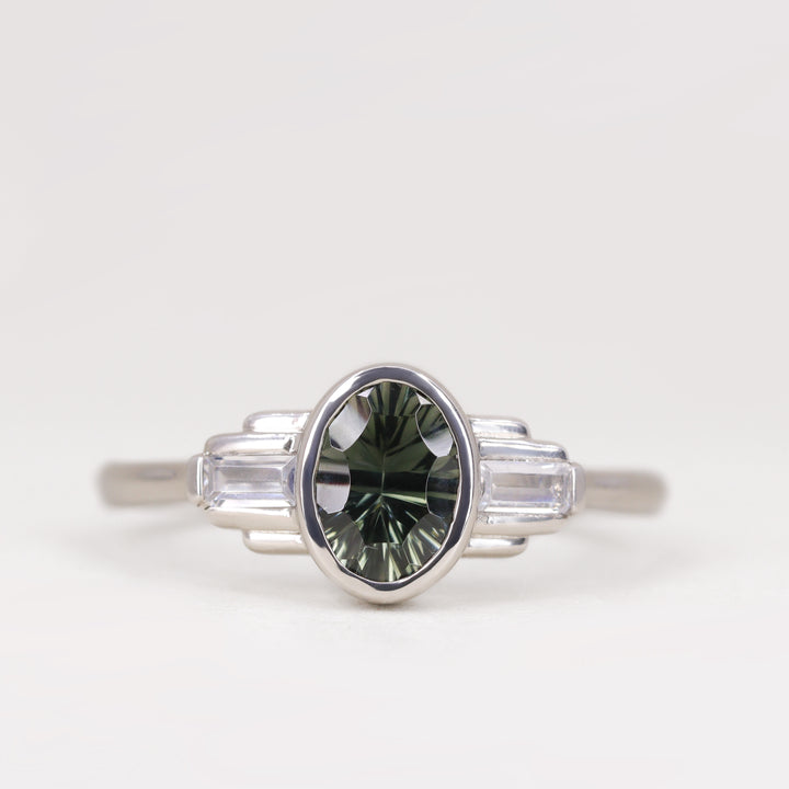 Esther - Oval Optix Cut Green Tourmaline Bezel Set Art Deco Engagement Ring