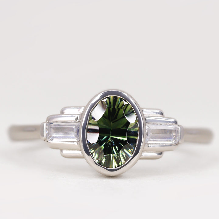 Esther - Oval Optix Cut Green Tourmaline Bezel Set Art Deco Engagement Ring