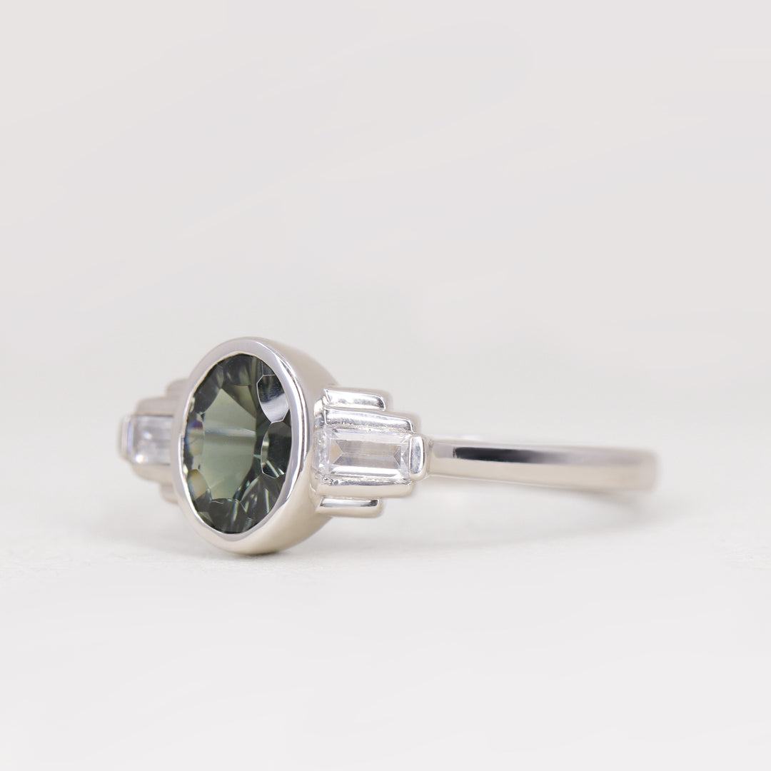 Esther - Oval Optix Cut Green Tourmaline Bezel Set Art Deco Engagement Ring