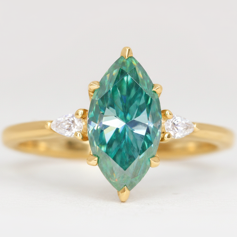 Elspeth - Marquise Cut Teal Moissanite and Diamond Trilogy Made-to-Order Engagement Ring Engagement Rings - Made-to-Order