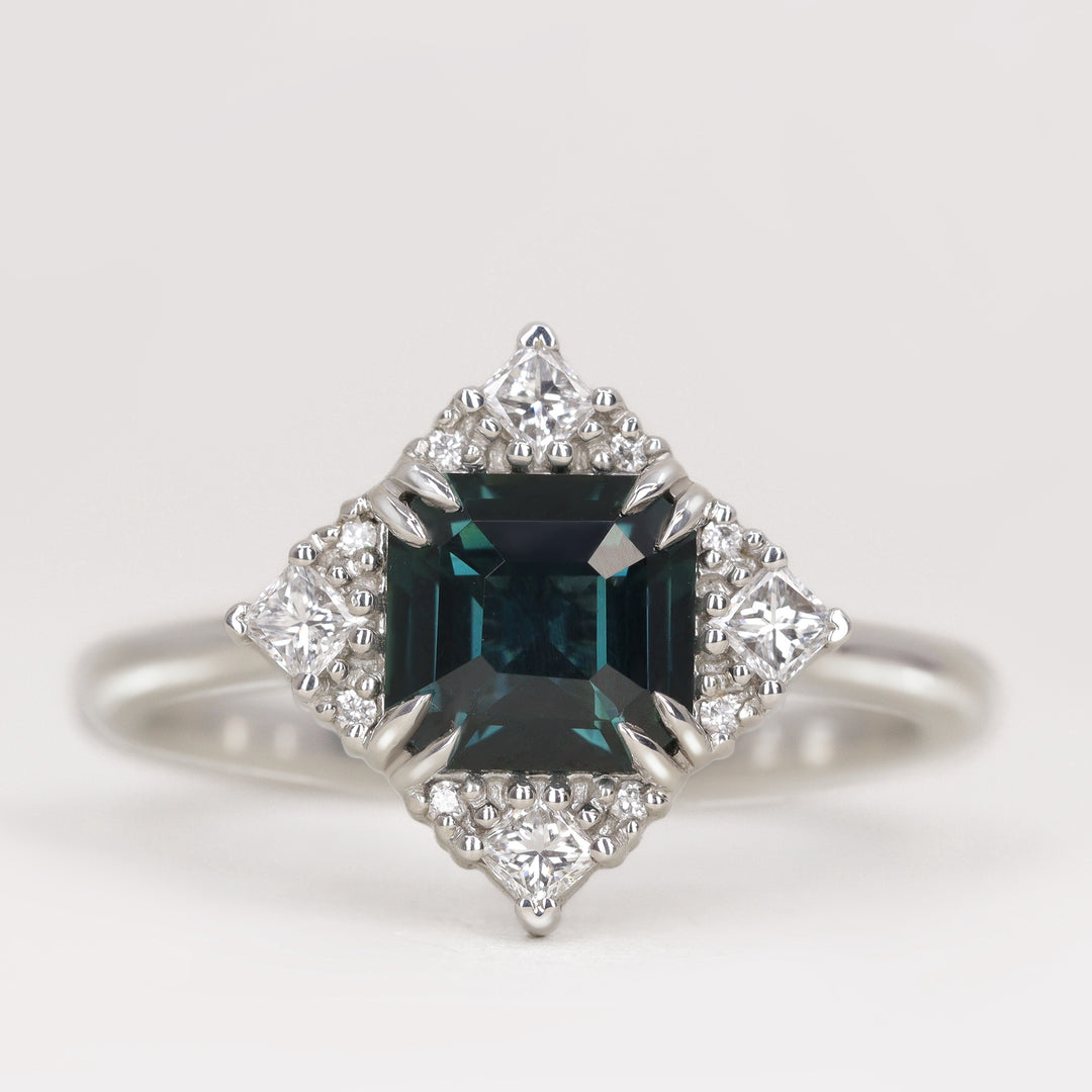 Scarlett - Emerald Cut Teal Sapphire Halo Engagement Ring - Ready-to-Wear