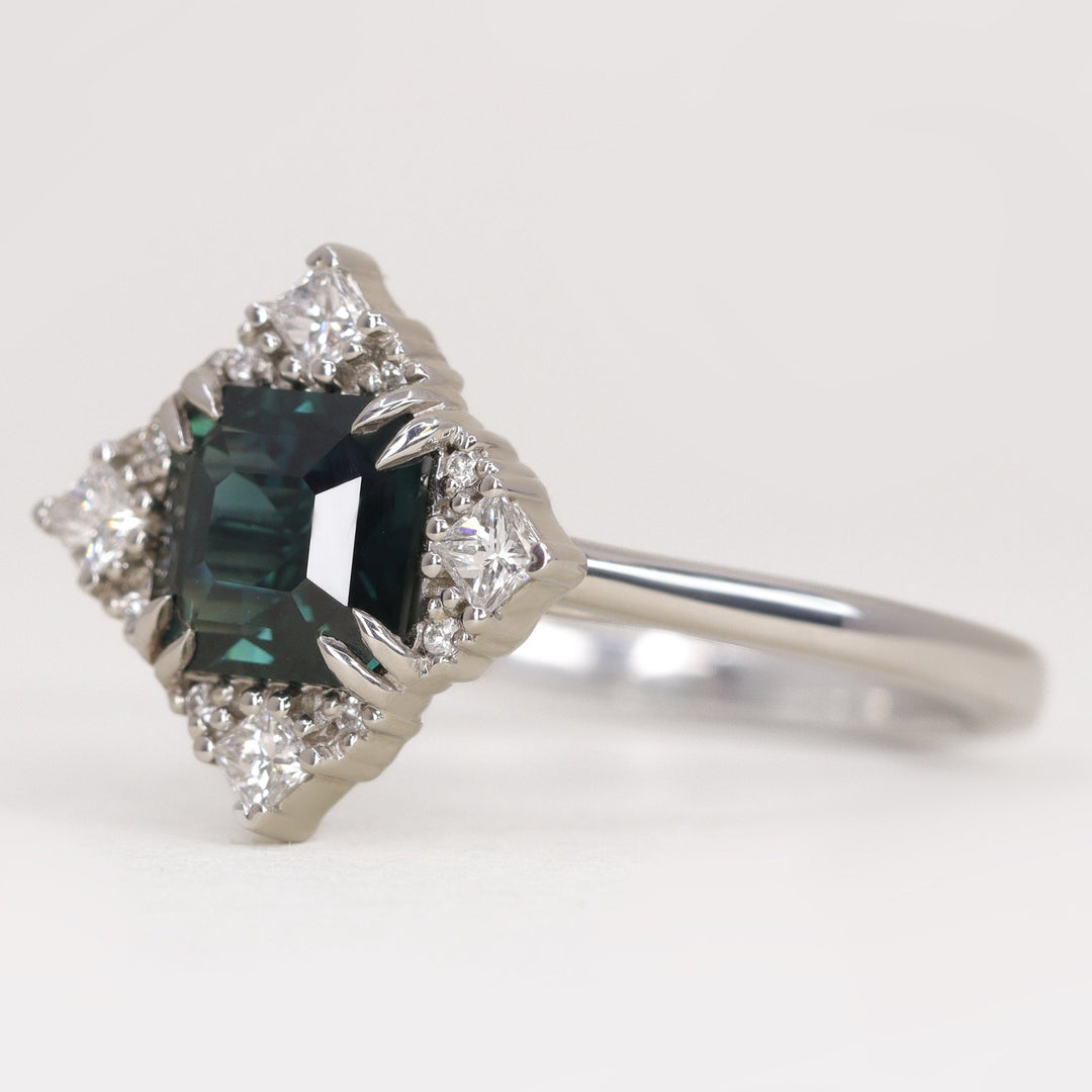 Scarlett - Emerald Cut Teal Sapphire Halo Engagement Ring - Ready-to-Wear