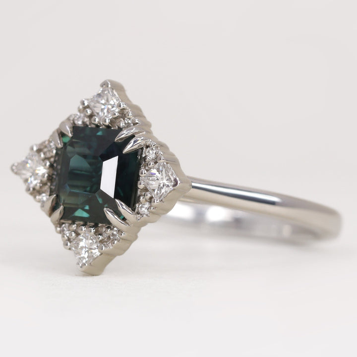 Scarlett - Emerald Cut Teal Sapphire Halo Engagement Ring - Ready-to-Wear