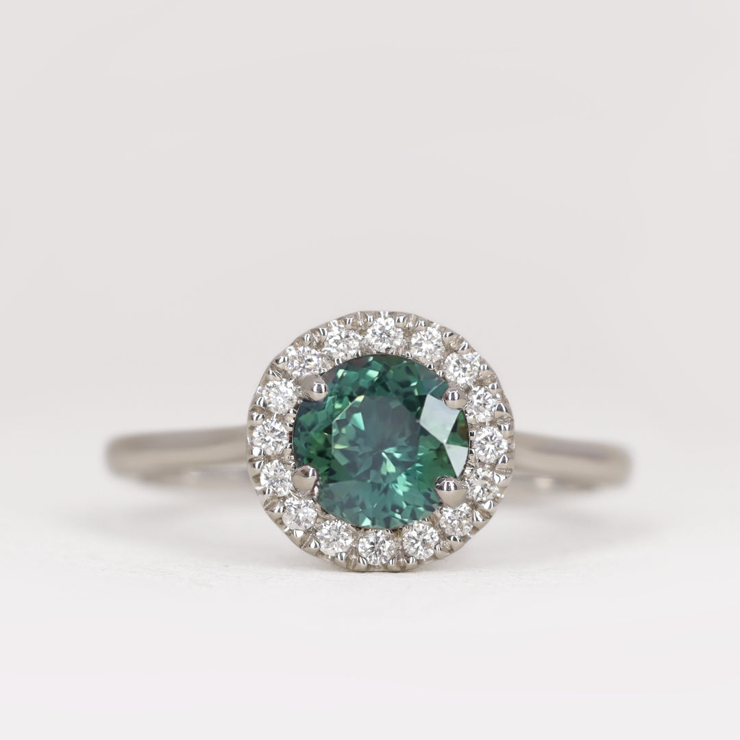 April - Round Teal Sapphire Halo Engagement Ring