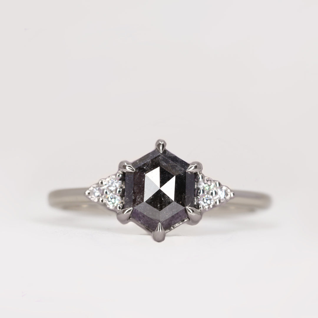 Henrietta - Hexagon Salt and Pepper Diamond Cluster Engagement Ring