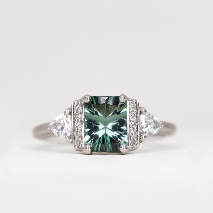 Ophelia -  Optix Emerald Cut Green Tourmaline Art Deco Engagement Ring - Ready-to-Wear