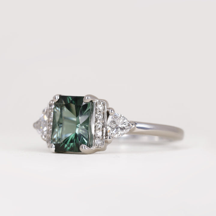 Ophelia -  Optix Emerald Cut Green Tourmaline Art Deco Engagement Ring - Ready-to-Wear