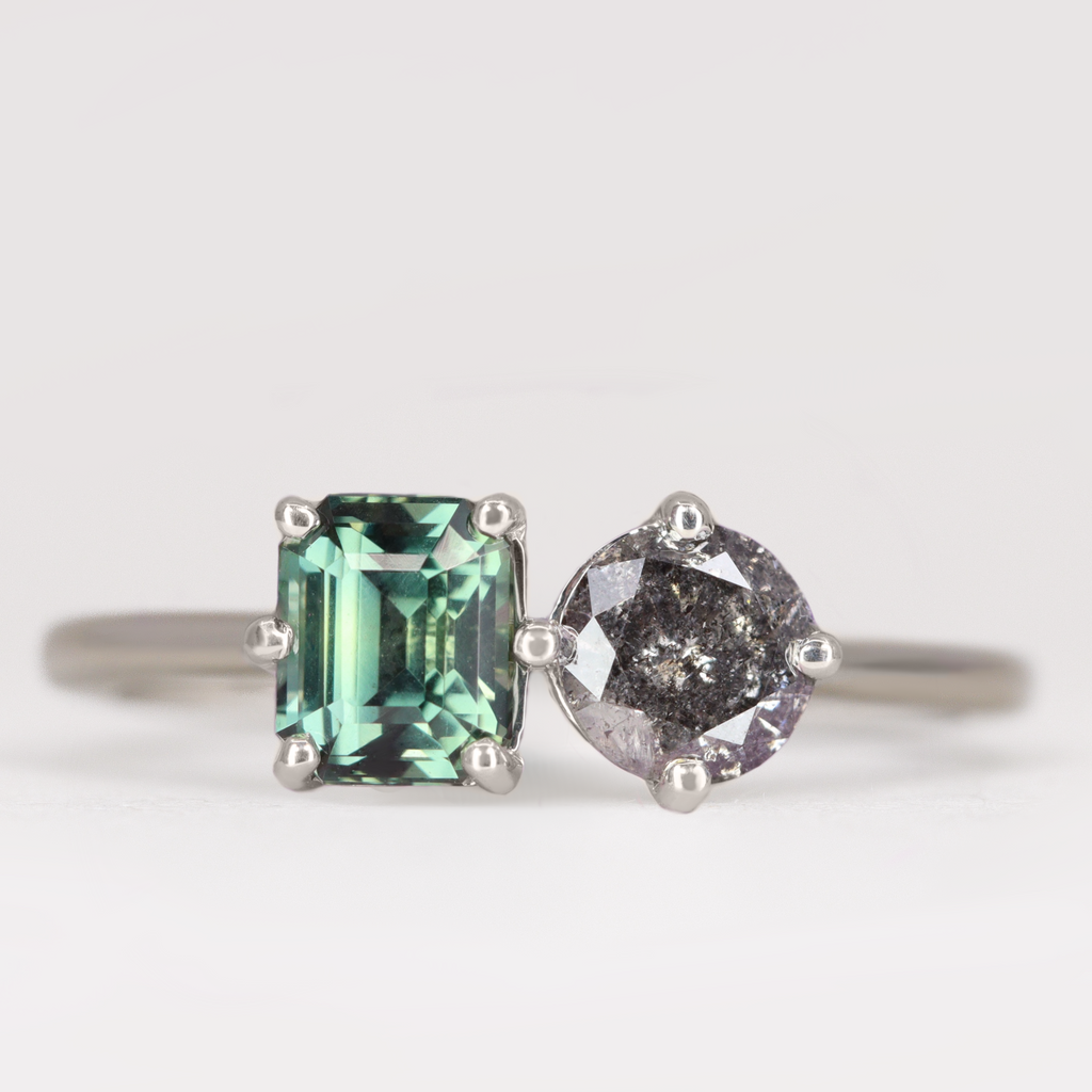 Juno - Teal Sapphire and Salt and Pepper Diamond Toi et Moi Engagement Ring