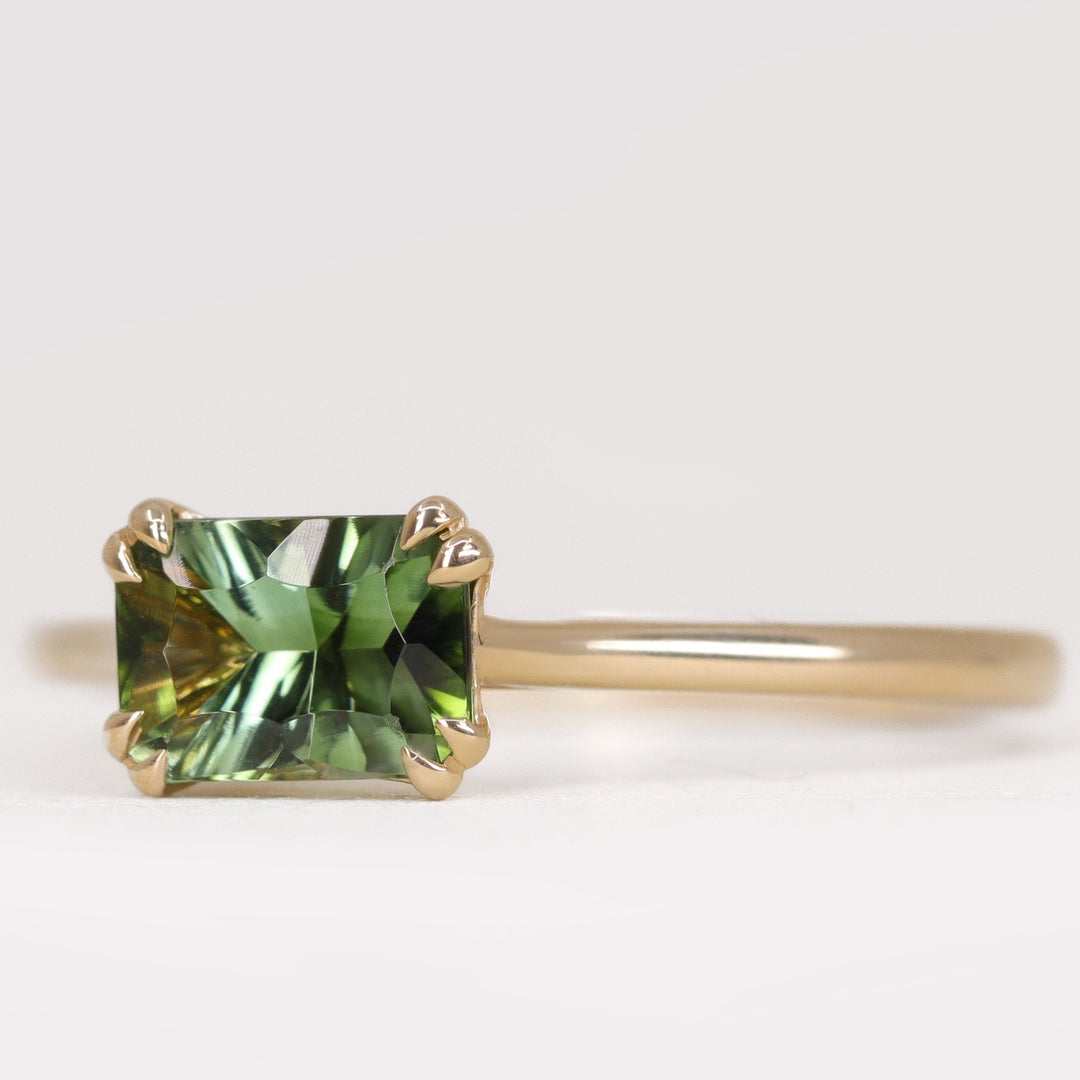 Reese - Optix Cut Green Tourmaline East-West Solitaire Engagement Ring