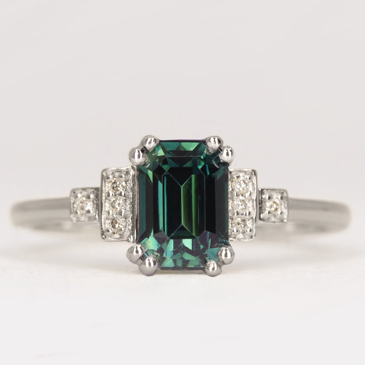 Grace - Emerald Cut Teal Sapphire Cluster Art Deco Engagement Ring