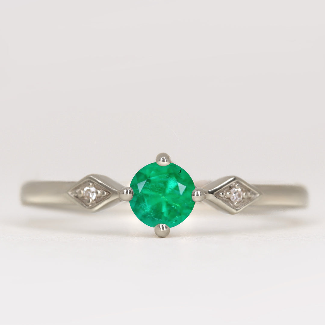 Hollie - Round Cut Emerald Art Deco Trilogy Engagement Ring