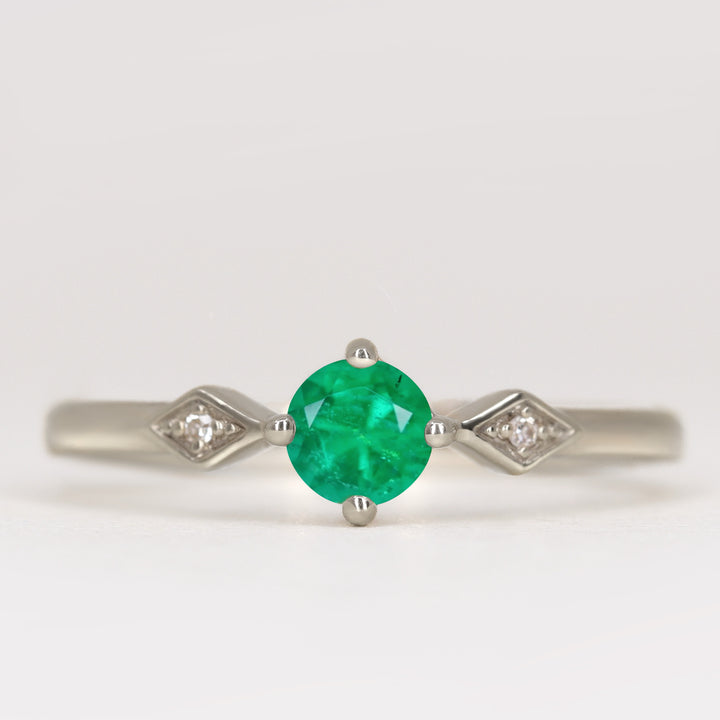 Hollie - Round Cut Emerald Art Deco Trilogy Engagement Ring