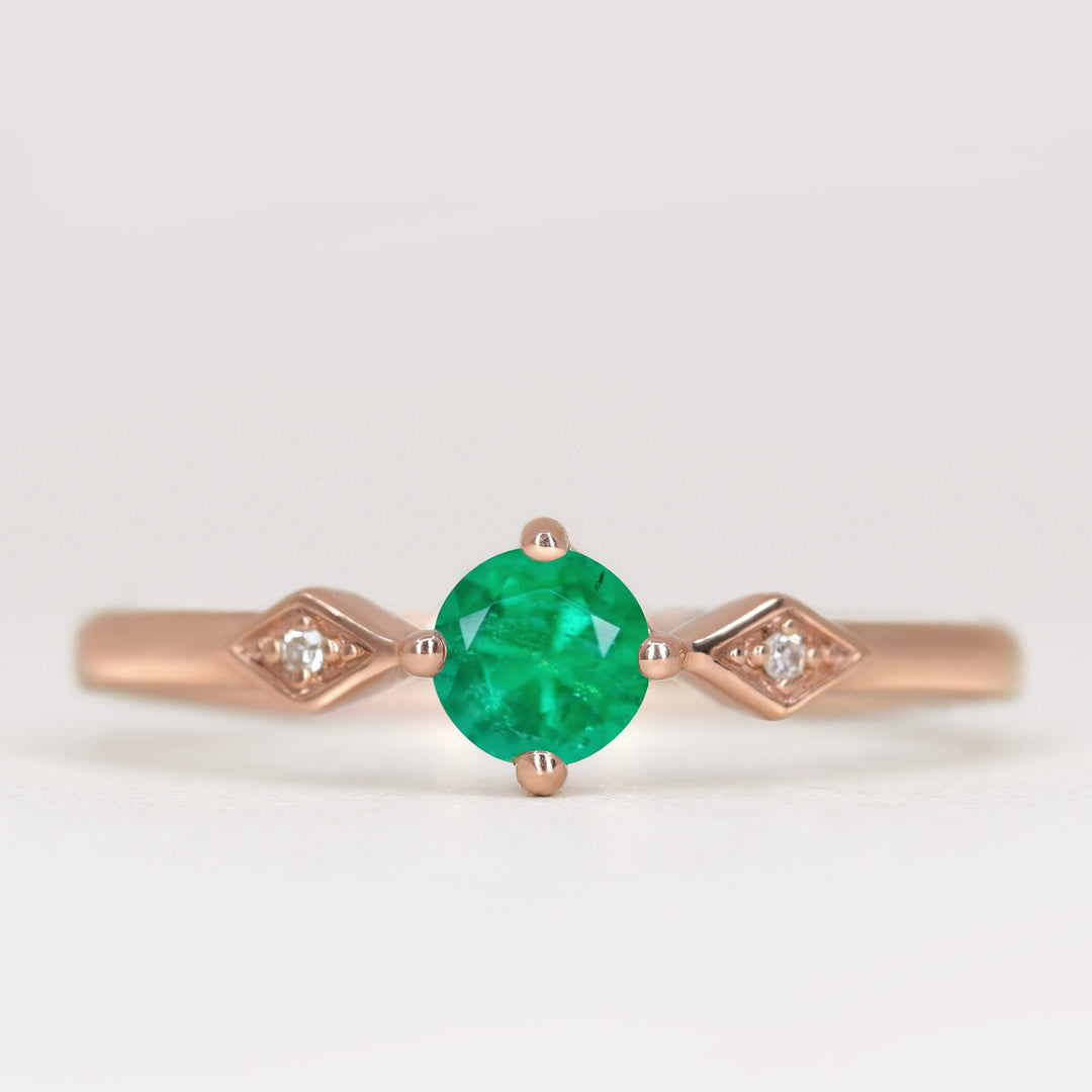 Hollie - Round Cut Emerald Art Deco Trilogy Engagement Ring