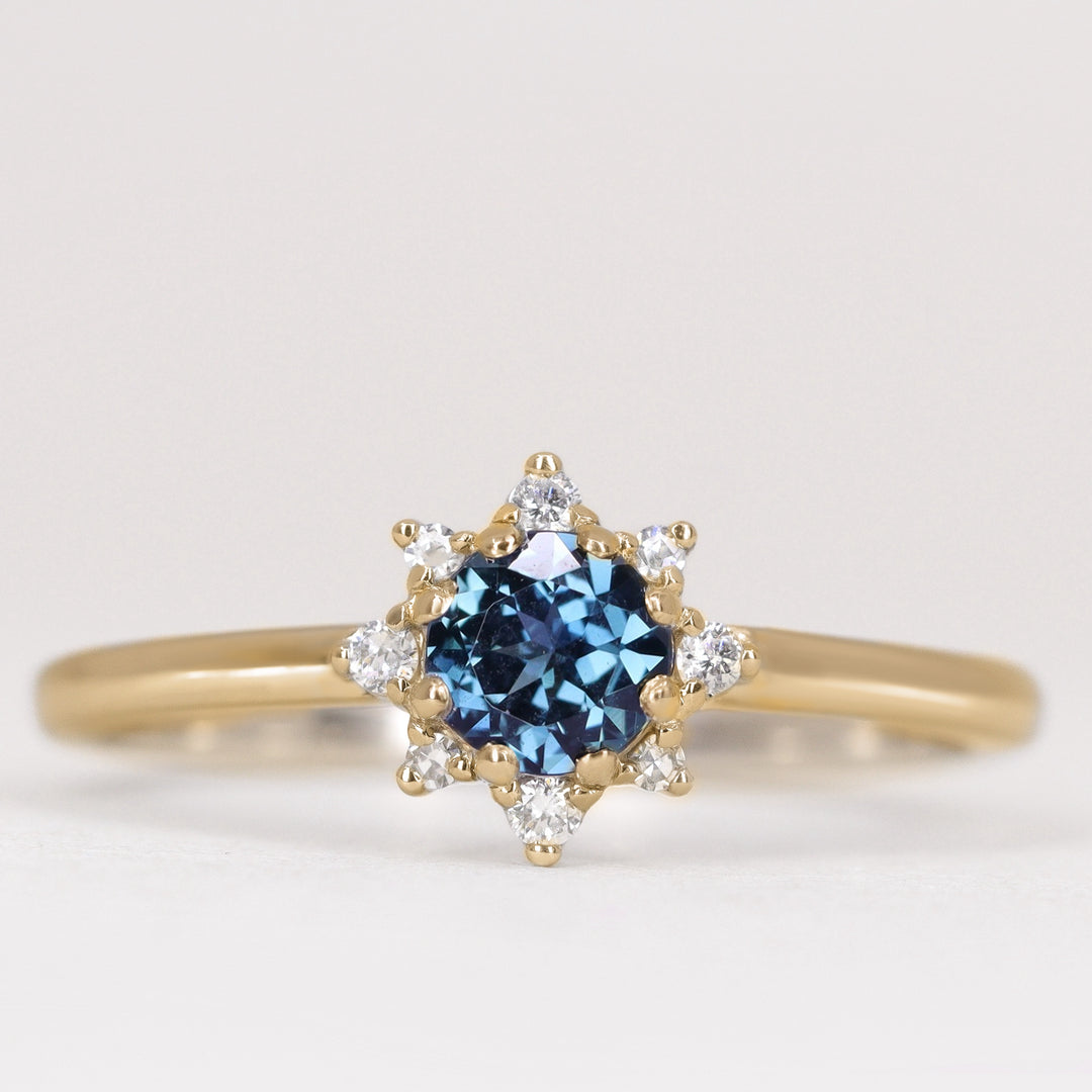 Mabel - Round Cut Blue Sapphire and Diamond Halo Engagement Ring