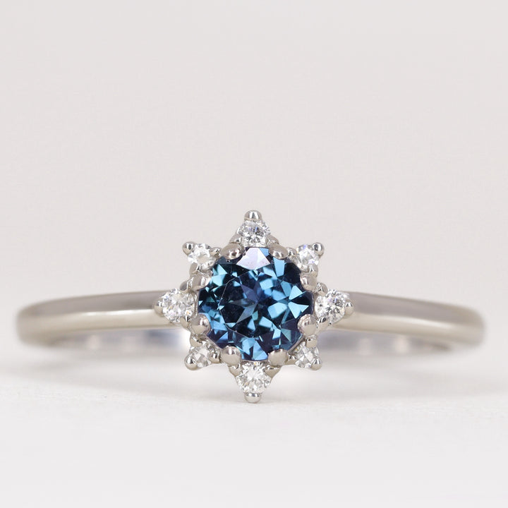 Mabel - Round Cut Blue Sapphire and Diamond Halo Engagement Ring