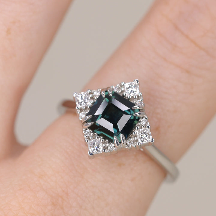 Scarlett - Emerald Cut Teal Sapphire Halo Engagement Ring - Ready-to-Wear