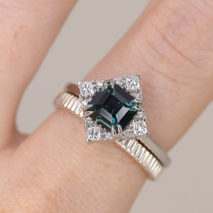 Scarlett - Emerald Cut Teal Sapphire Halo Engagement Ring - Ready-to-Wear