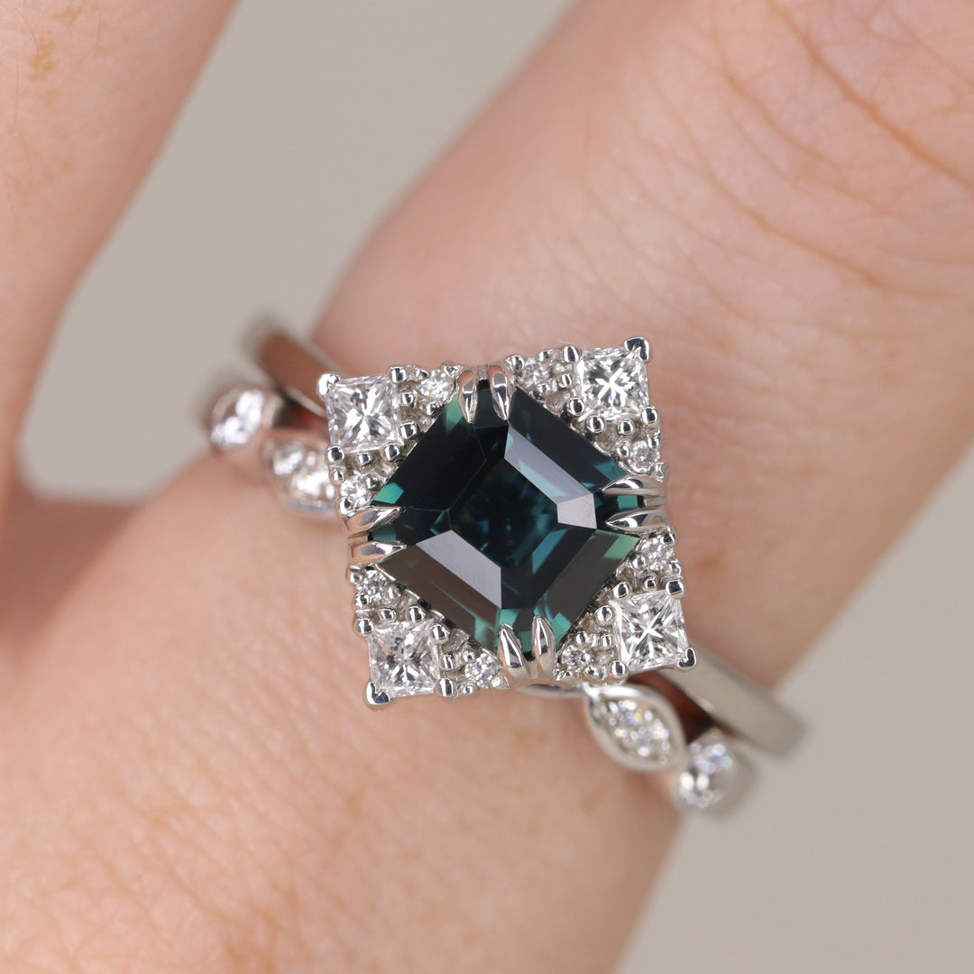 Scarlett - Emerald Cut Teal Sapphire Halo Engagement Ring - Ready-to-Wear