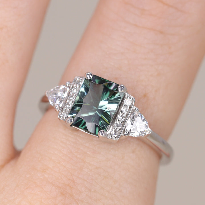 Ophelia -  Optix Emerald Cut Green Tourmaline Art Deco Engagement Ring - Ready-to-Wear