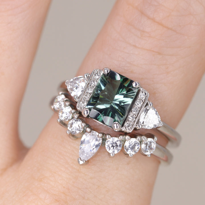 Ophelia -  Optix Emerald Cut Green Tourmaline Art Deco Engagement Ring - Ready-to-Wear