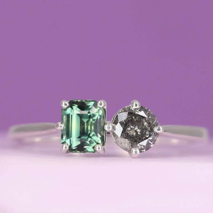 Juno - Emerald Cut Teal Sapphire and Round Salt and Pepper Diamond Toi et Moi Engagement Ring