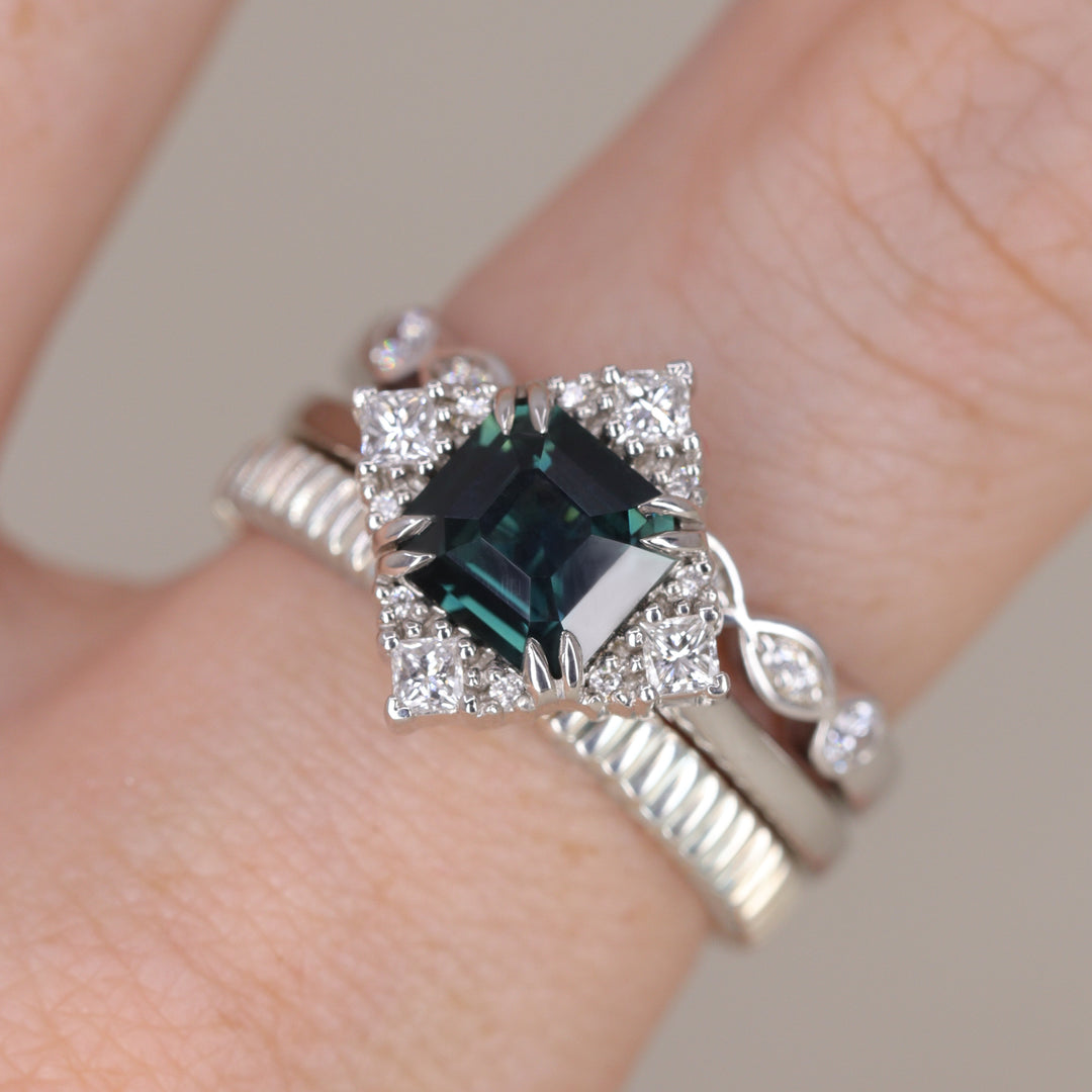 Scarlett - Emerald Cut Teal Sapphire Halo Engagement Ring - Ready-to-Wear