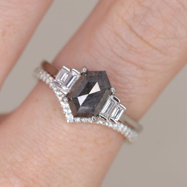 Erin - Hexagon Salt and Pepper Diamond Art Deco Engagement Ring - Ready-to-Wear