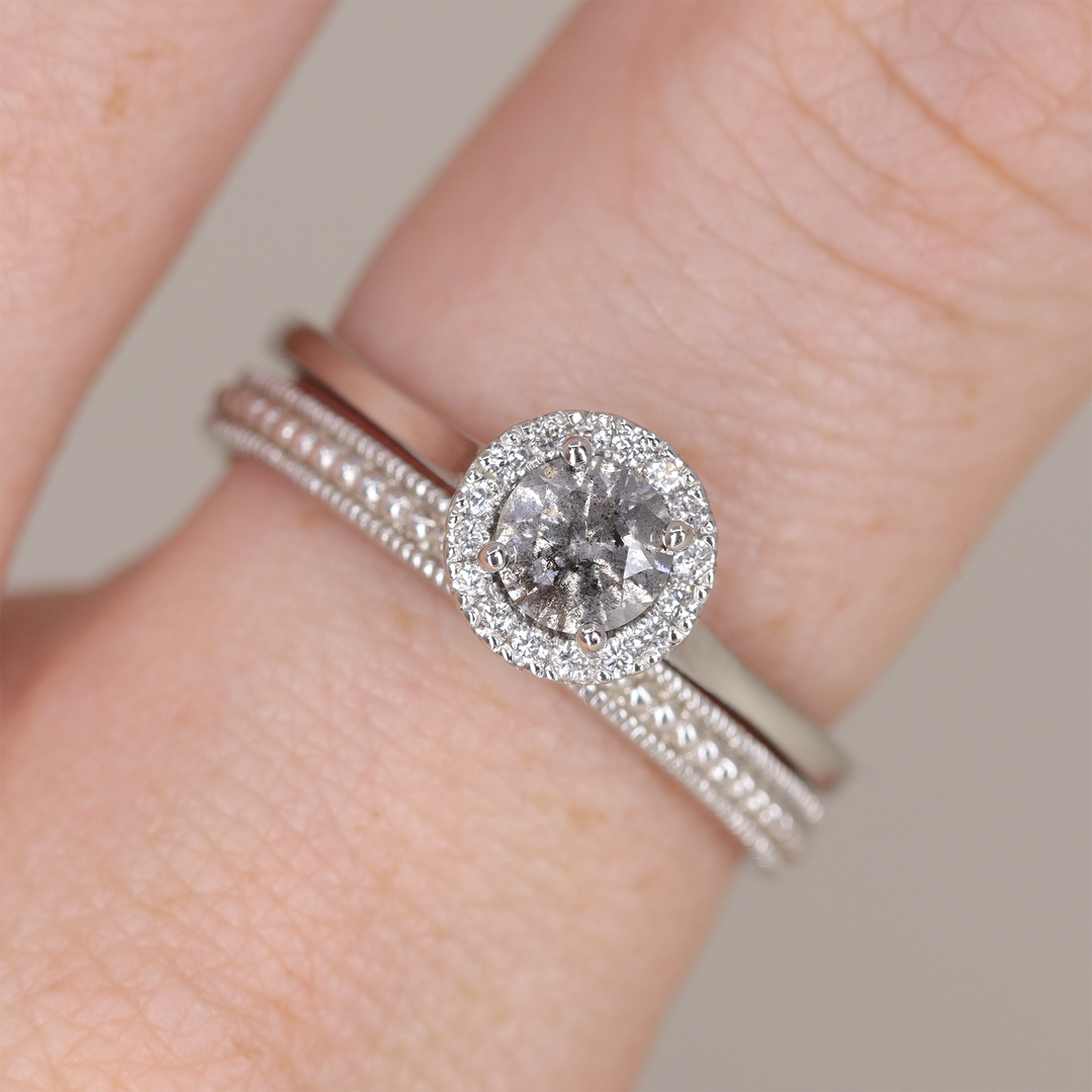 April - Round Salt and Pepper Diamond Halo Petite Engagement Ring - Ready-to-Wear