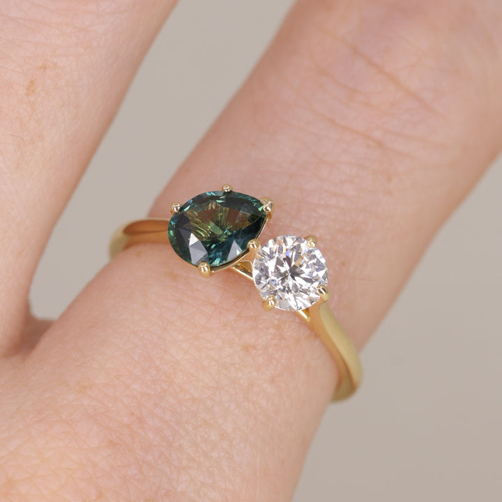 Juno - Pear Teal Sapphire and Round Lab Grown Diamond Toi et Moi Engagement Ring - Ready-to-Wear