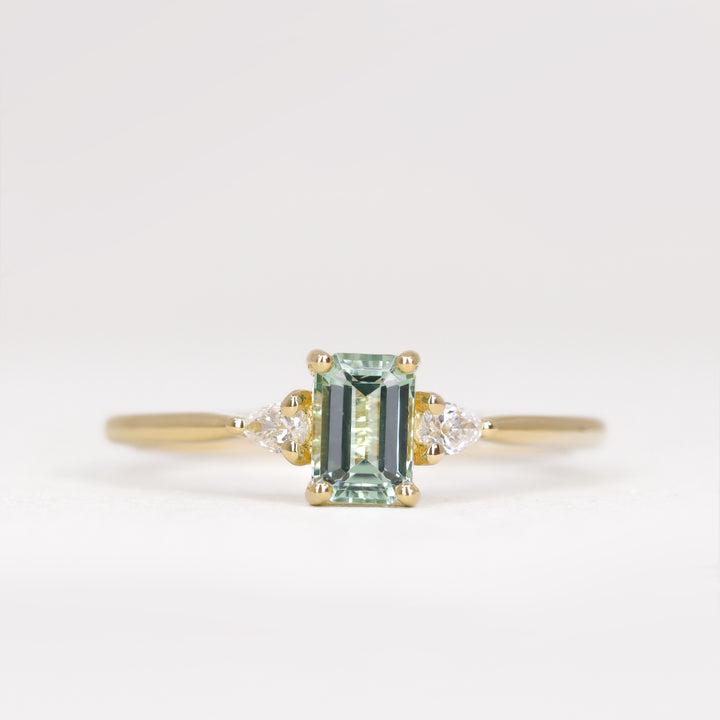 Elspeth - Emerald Cut Lagoon Tourmaline Trilogy Engagement Ring - Ready-to-Wear