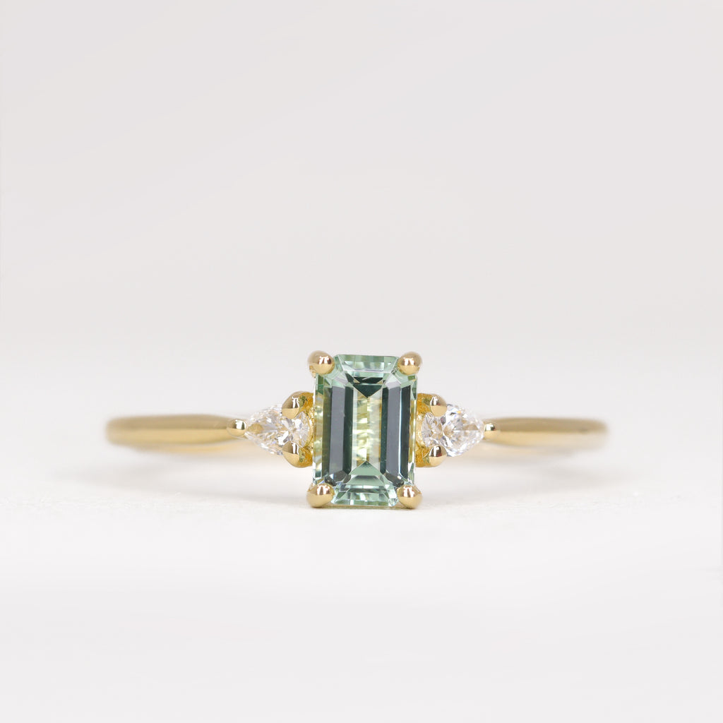 Elspeth - Emerald Cut Lagoon Tourmaline Trilogy Engagement Ring - Ready-to-Wear