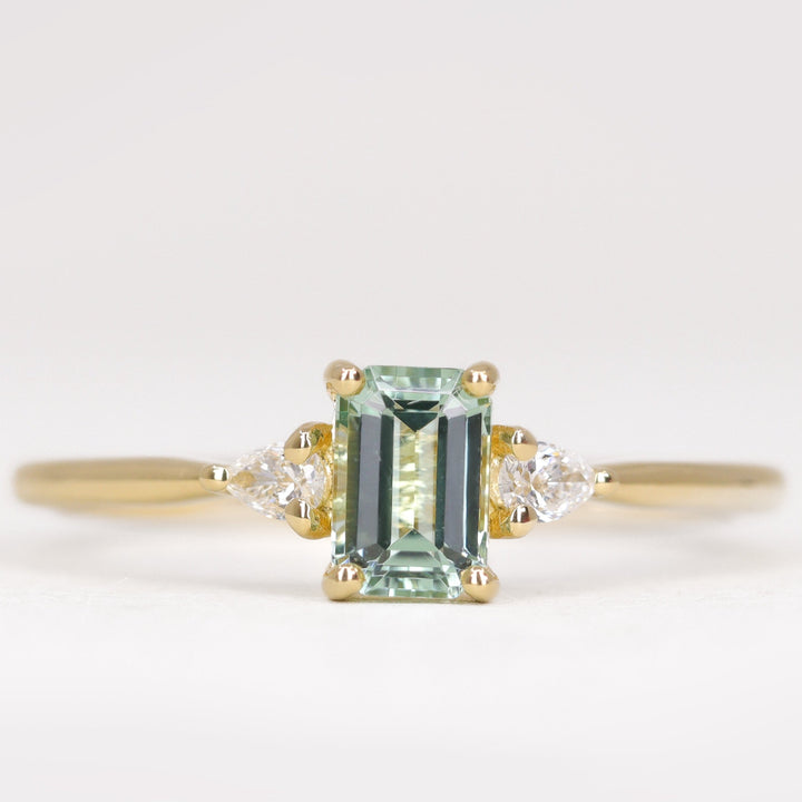 Elspeth - Emerald Cut Lagoon Tourmaline Trilogy Engagement Ring