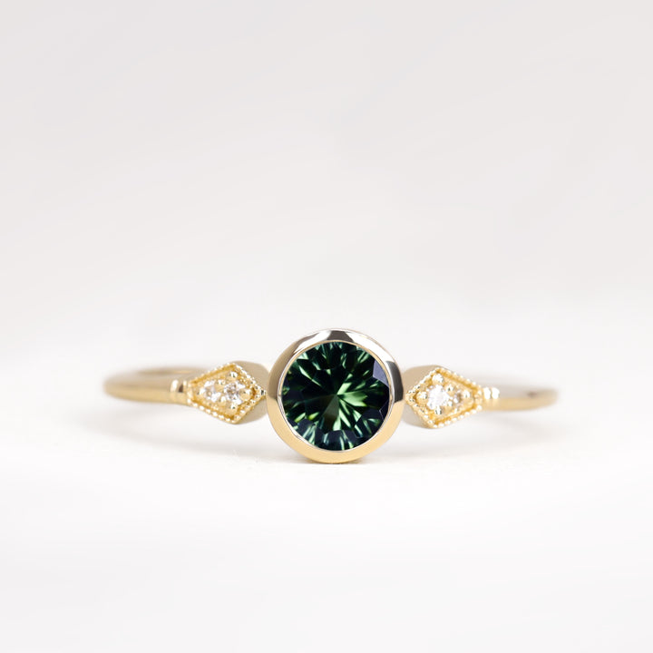 Lola - Round Optix Cut Green Tourmaline Art Deco Engagement Ring