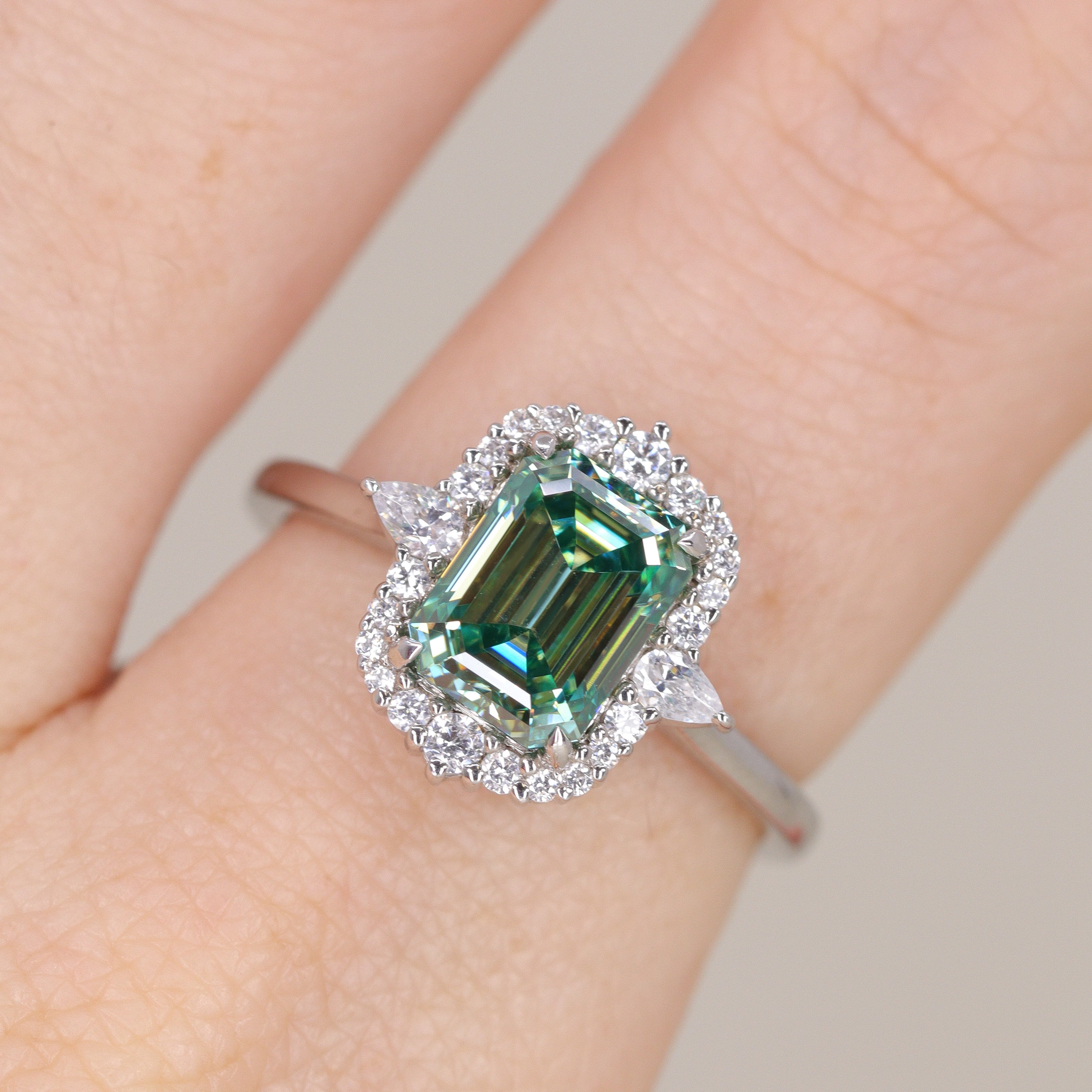 Cordelia - Emerald Cut Teal Moissanite Halo Engagement Ring - Made