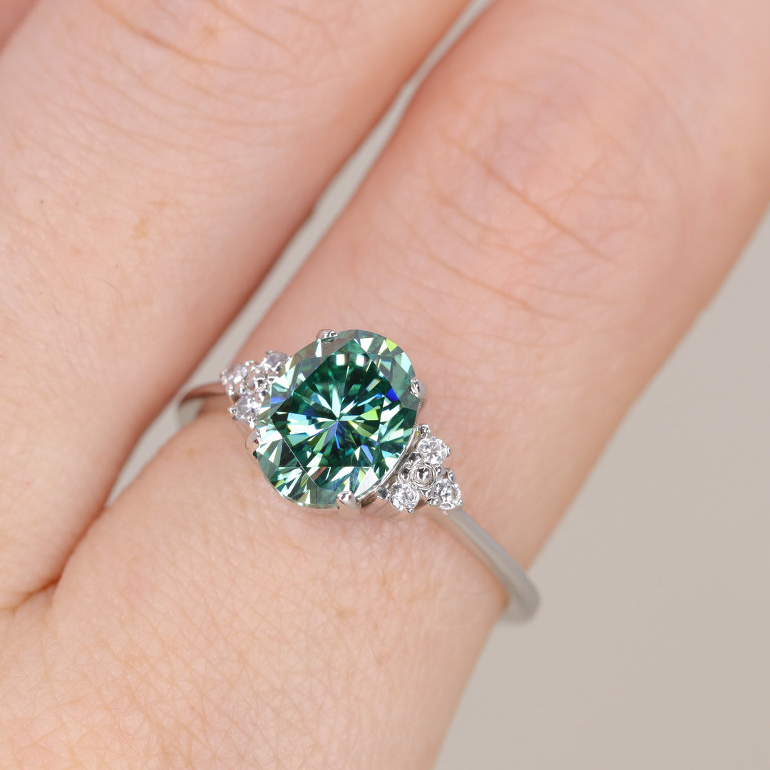 Henrietta - Oval Cut Teal Moissanite Cluster Engagement Ring