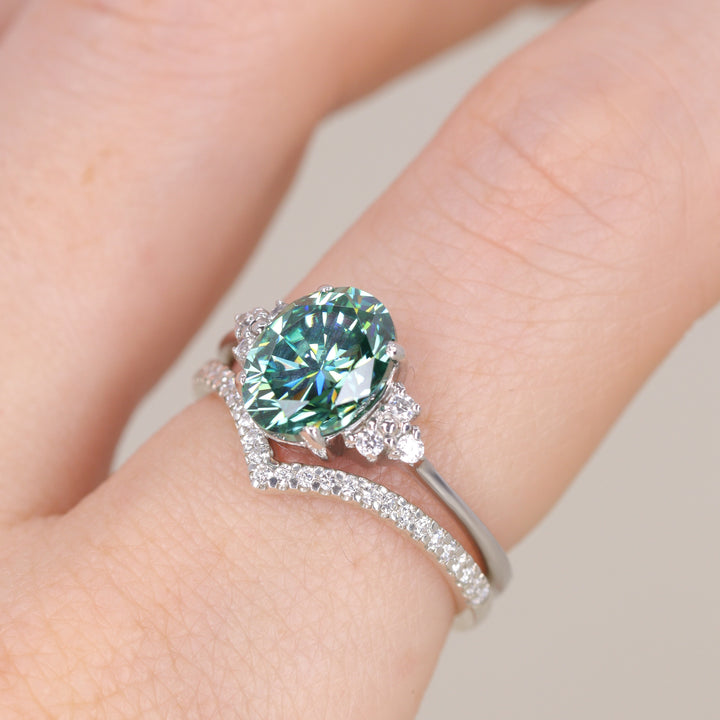 Henrietta - Oval Cut Teal Moissanite Cluster Engagement Ring