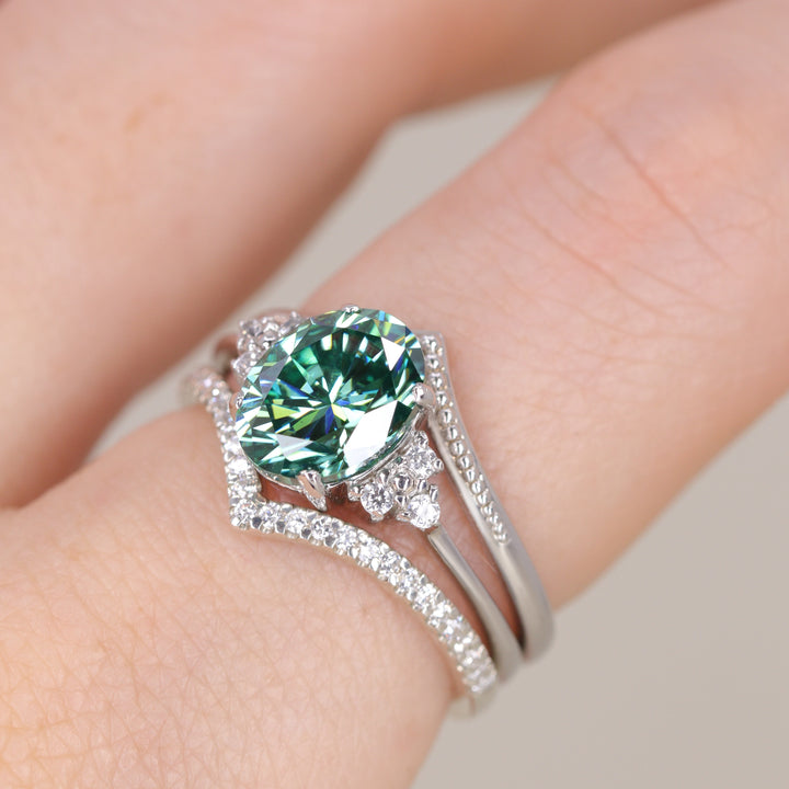 Henrietta - Oval Cut Teal Moissanite Cluster Engagement Ring