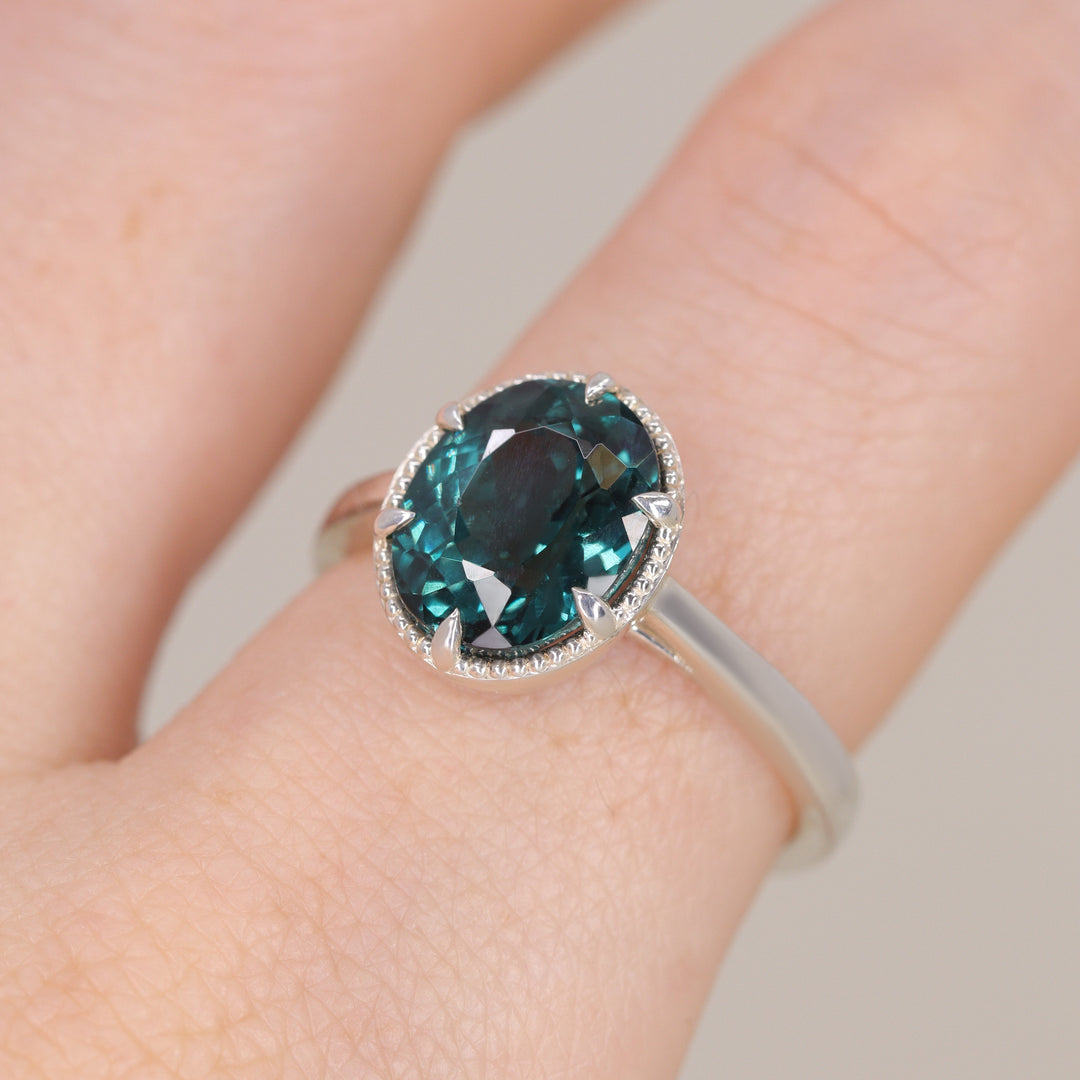 Georgia - Oval Cut Teal Tourmaline Solitaire Engagement Ring