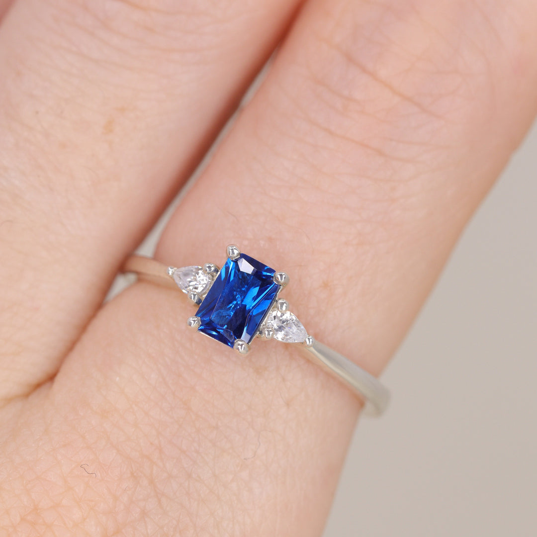 Elspeth - Radiant Cut Blue Sapphire and Diamond Trilogy Engagement Ring