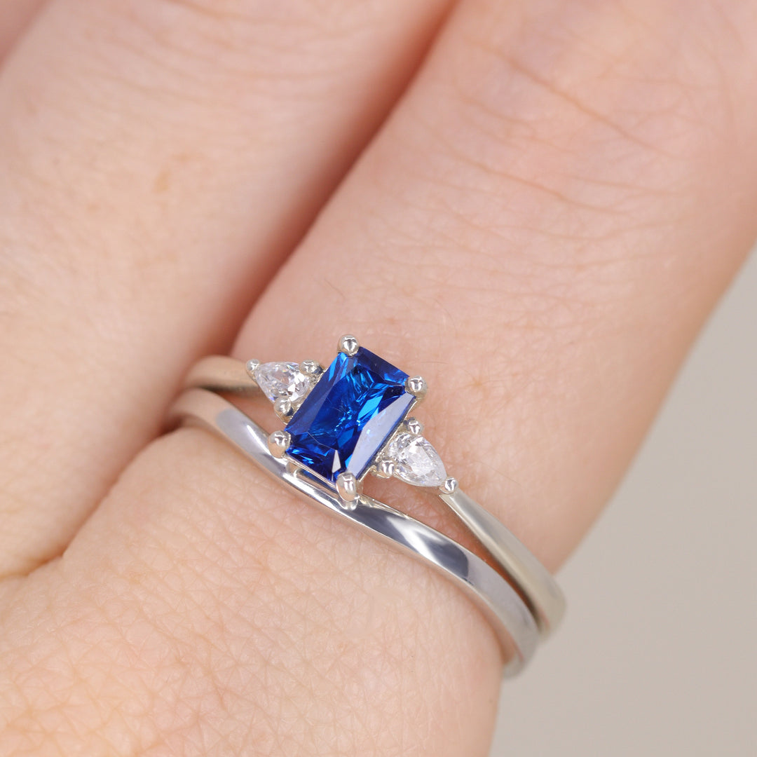 Elspeth - Radiant Cut Blue Sapphire and Diamond Trilogy Engagement Ring