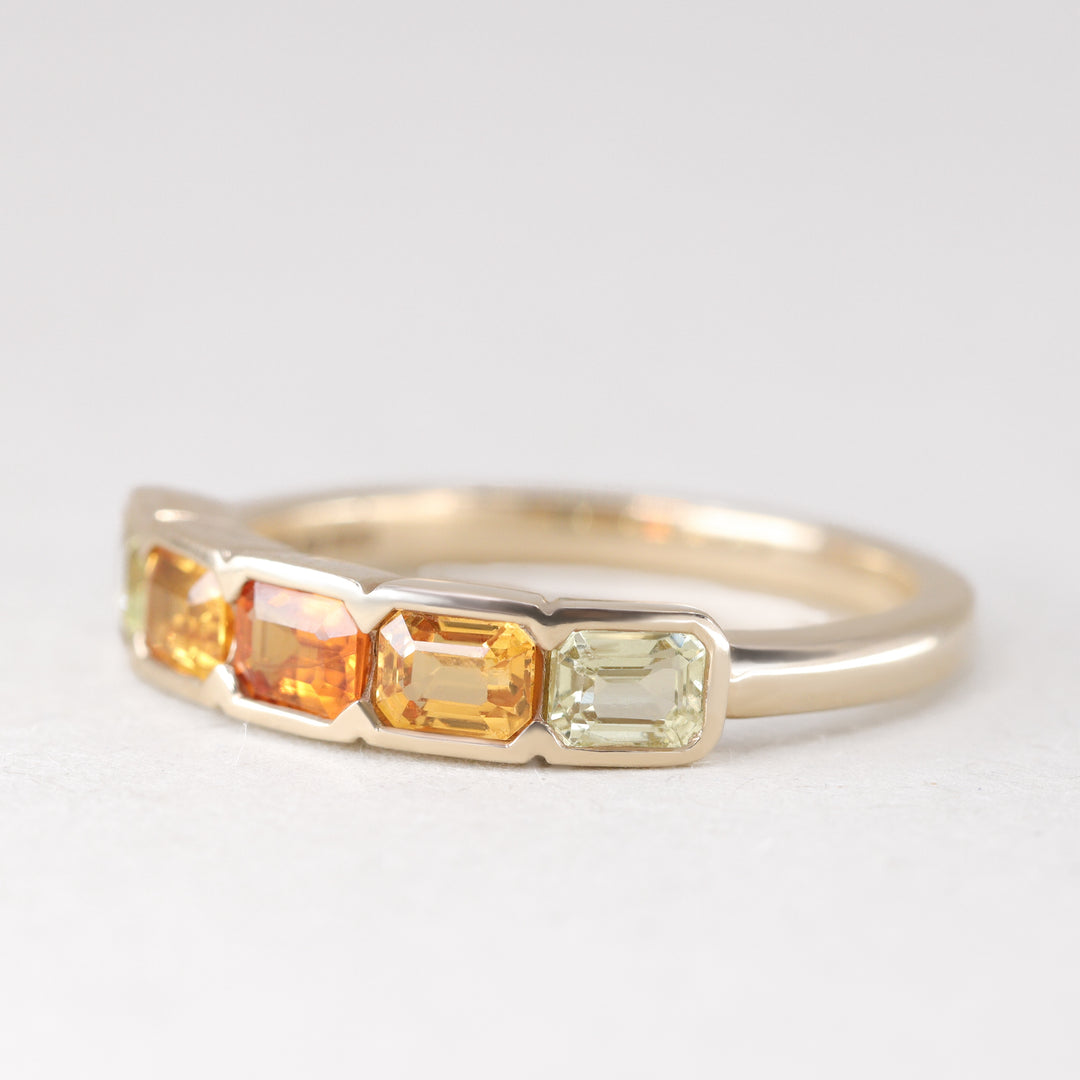 Clementine - Emerald Cut Orange and Yellow Sapphire 5 Stone Yellow Gold Ring - Ready-to-Wear