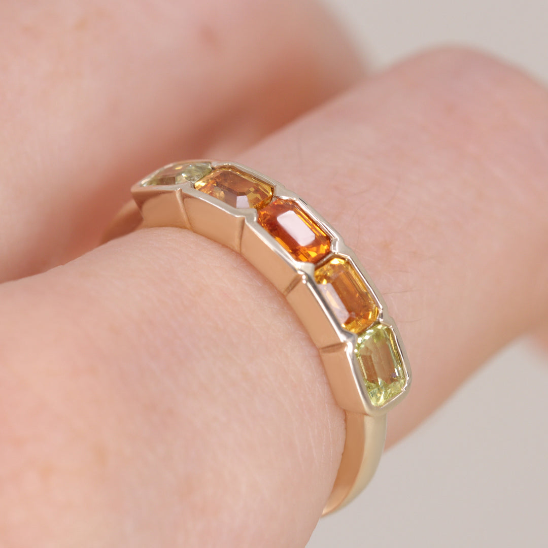 Clementine - Emerald Cut Orange and Yellow Sapphire 5 Stone Yellow Gold Ring - Ready-to-Wear